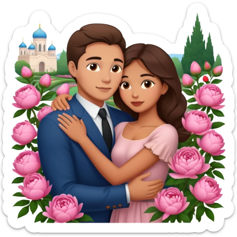 couple hug with warm Latina girl and russian man elegant peonies garden roses  sticker