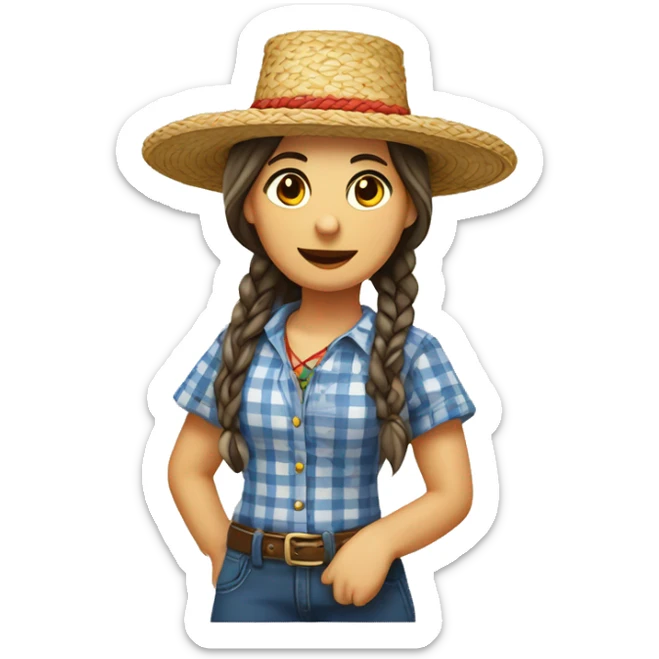 Festa Junina country woman with straw hat, braided hair, checkered clothes, white skin sticker
