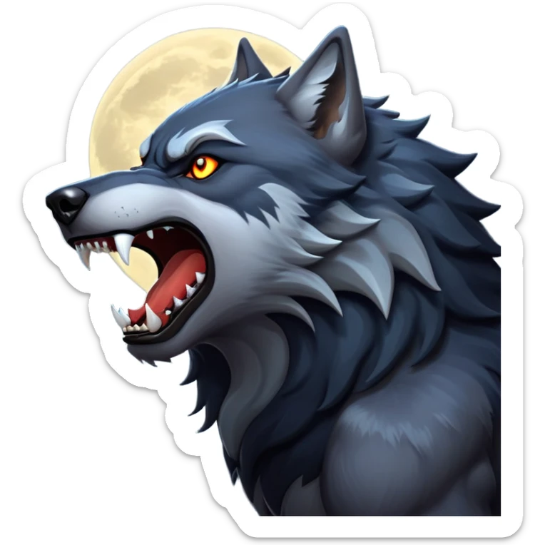 cinematic-noble-fierce-werewolf-howling-portrait-emoji, poised-and-imposing, with a fierce wolfish face tilted upwards in a haunting howl, glowing eyes full of primal ferocity, sharp, and a rugged snout, fur rippling in shades of midnight black and silver, muscles tensed as the powerful howl echoes beneath the moonlit sky; rendered with realism, capturing the raw, untamed power of the beast in its wild, primal state sticker