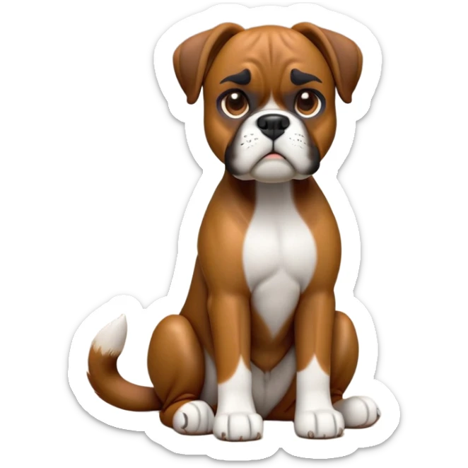 cinematic-[boxer dog]-realistic-full-body-sitting-emoji,-tail-resting-loosely-beside-its-paws,-head-tilted-dramatically,-sleek-[brown]-fur,-simplified-yet-realistic-focused-features,-highly-detailed,-glowing-with-an-almost-sarcastic-glow sticker