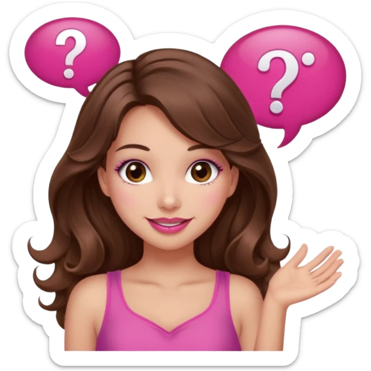 girl with long wavy brown hair, brown eyes, long lashes makeup, sexy pink lips, light to medium complexion, wearing a pink sexy top, shugging, question mark one speech bubble sticker
