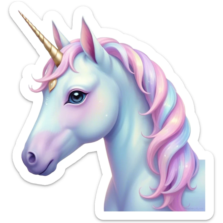 Beautiful and Majestic Unicorn Pony Portrait Emoji, Head and body radiating gentle magic with a soft pastel color, a delicately sparkling horn and eyes gently closed in peaceful wonder, Simplified yet exquisitely endearing features, highly detailed, glowing with a soft, ethereal light, high shine, serene and utterly majestic, stylized with an air of fairy-tale regality, soft glowing outline, capturing the essence of a beautiful and majestic unicorn pony that embodies the enchanting spirit of a dream! sticker