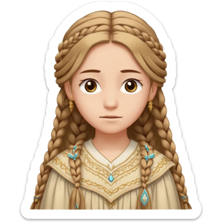 Joven de unos 20 años, de aspecto dulce y elegante.
Piel clara, ojosy expresivos, sonrisa triste.
Rubio o castaño claro, largo, con trenzas o velo.
-Vestido largo de tonos suaves (blanco, azul o lavanda), con bordados dorados; un manto o toca fina cubriendo la cabeza. sticker