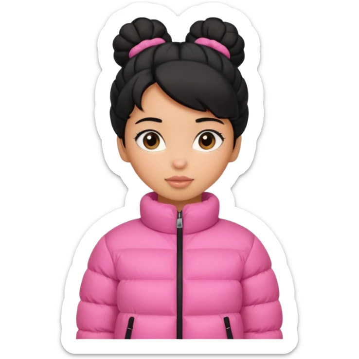A caramel skinned girl that’s has puffy black hair with her hair up skinny and wears a pink puffer coatb sticker