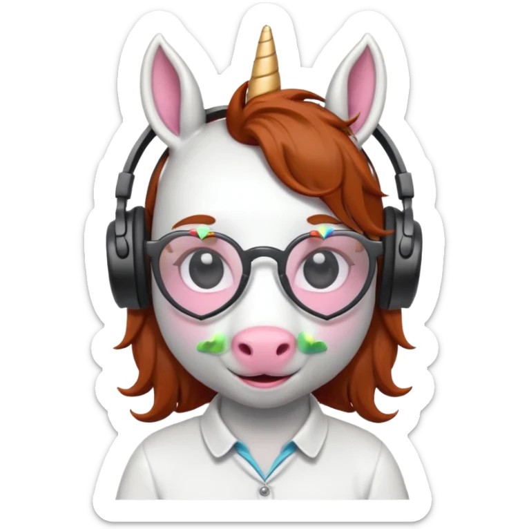 headphone wearing white unicorn with dark ginger hair and heart shaped spectacles very unicorn looking sticker
