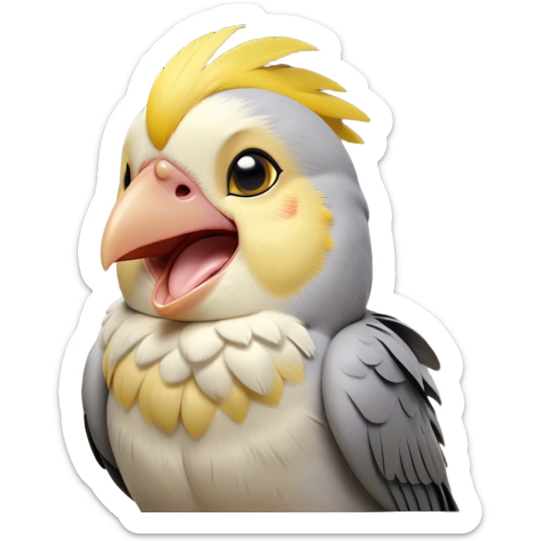 Cinematic Cute Yawning Cockatiel Portrait Emoji, Head tilted slightly with a dramatic, wide-open yawn, showcasing a soft grey fur with subtle yellow accents and gently drooping crest feathers, round dark eyes barely open in drowsy contentment, Simplified yet irresistibly adorable features, highly detailed, glowing with a soft, cozy glow, high shine, relaxed yet expressive, stylized with a touch of whimsy, bright and endearing, soft glowing outline, capturing the essence of a sleepy yet affectionate cockatiel, so drowsy it feels like it could stretch out of the screen and curl up for a nap! sticker