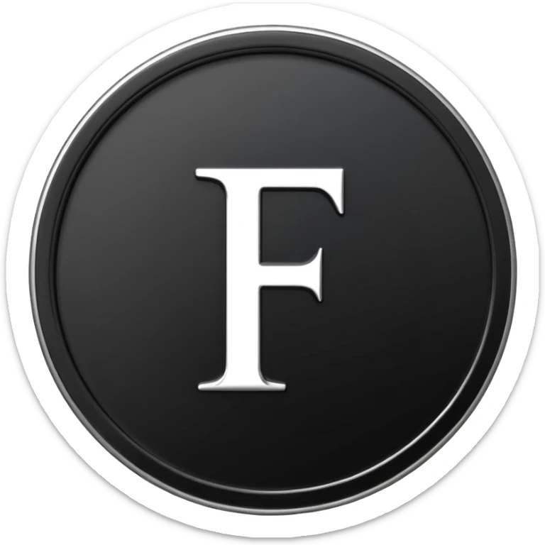 Emoji icon of a black coin with engraved letter F, minimalist style, isolated, no color sticker