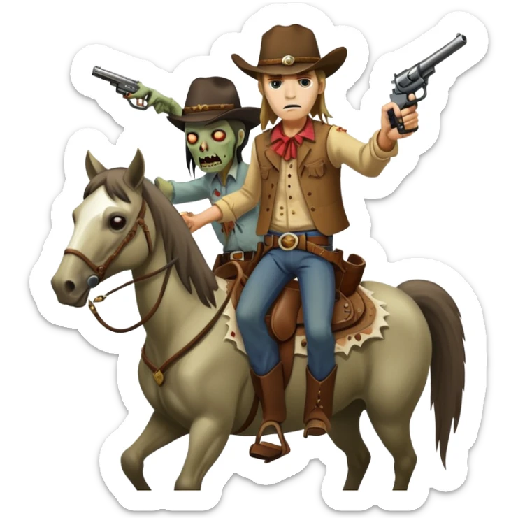 A cowboy on a horse with a pistol shoots a zombie man with long hair sticker