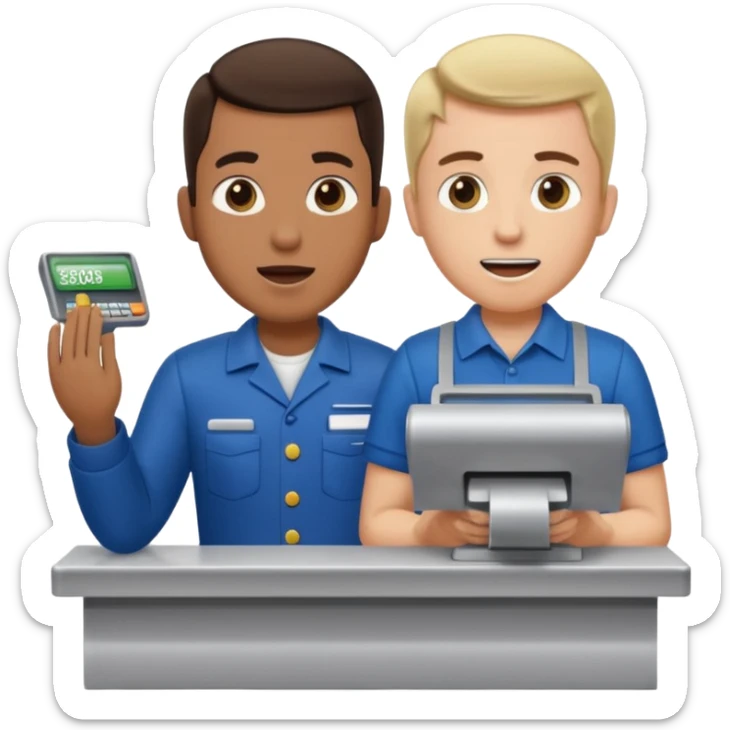 Supermarket employee at a cash register, full body, serving a man surprised sticker