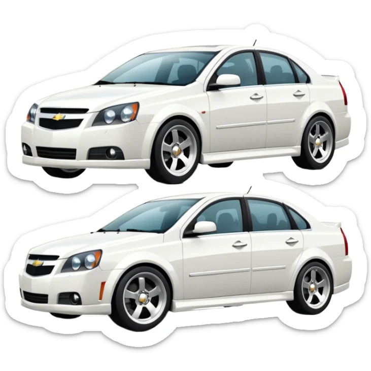 A cinematic, high-detail photograph of a glossy white Chevrolet Optra Magnum 2007 sedan with tinted windows and custom alloy rims sticker