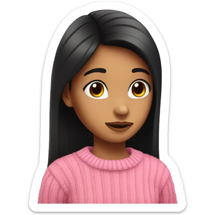 A girl with straight black hair in a pink sweater shows her heart with her hands sticker