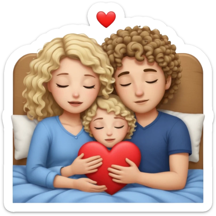 cuddling in bed, asleep. wavy haired blonde girl. curly haired brunette man. eyes closed. heart between them. no headboard sticker