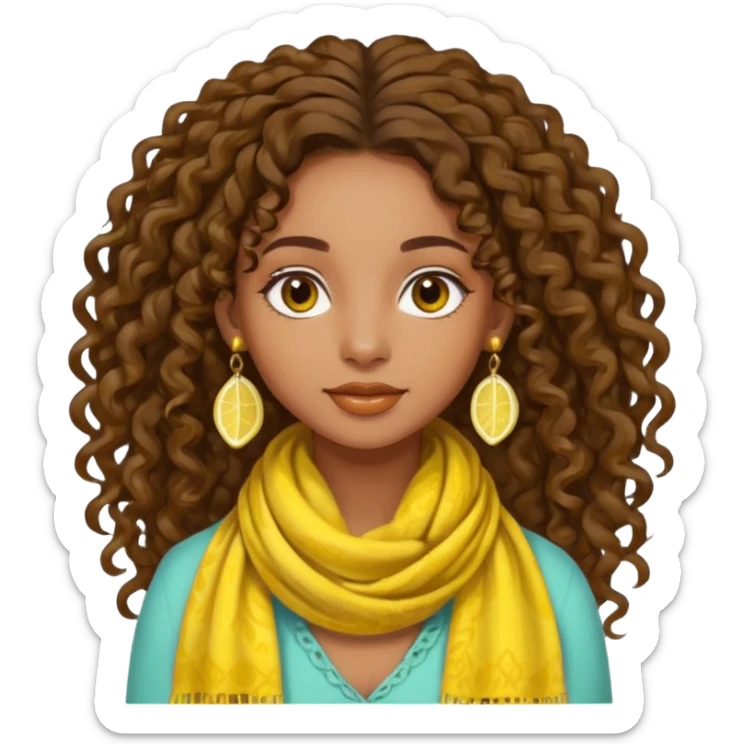 brown-skinned girl, bohemian, long curly brown hair tied up, lemon yellow scarf, round earrings sticker