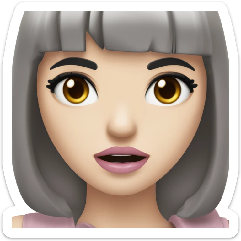 pale skinned girl with brown eyes and black long hair with bangs and black smokey eyeliner with ligjt pink lips holding a fist up to the camera with an angry face sticker