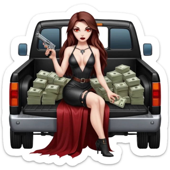 Lilith red eye seductress evil long brown haired sexy succubus woman with leather long dress with slit on, sitting in Big Large F350 pickup truck. Back seat full of stacks of cash, she is  Holding a human skull of her enemies and a gun in other hand sticker