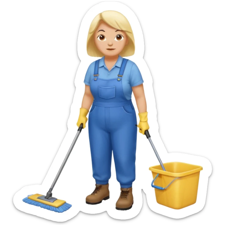 old and fat women, Custodian with yellow rubber gloves, white T-shirt, blue overalls, mopping floor sticker