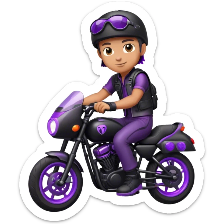 A biker boy wearing a gear sitting on his bike the bike has purple lights on and tge bike is black  sticker