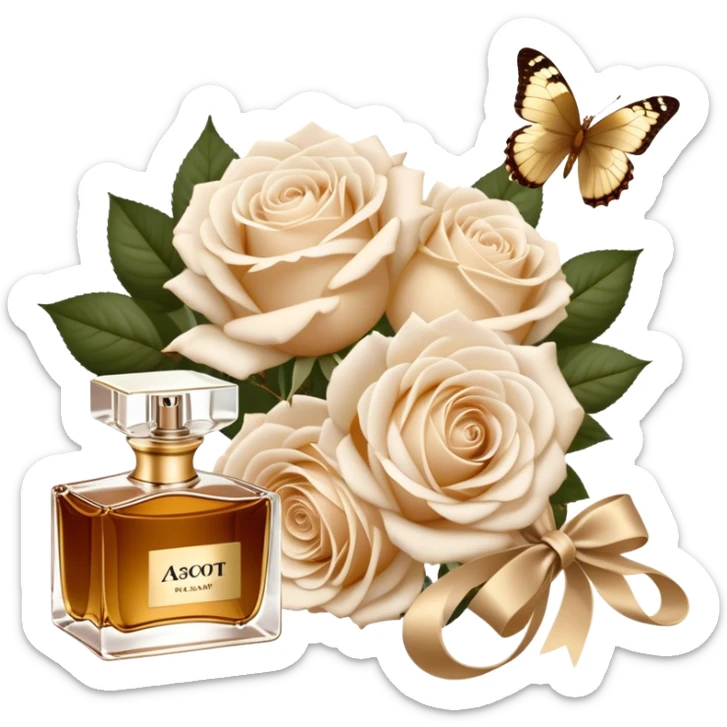 A bouquet of white Ascott tea roses next to a beige aesthetic and a brown beautiful butterfly and a gold silk ribbon and a beautiful flacon of aesthetically pleasing vintage-style perfume in pearl color sticker