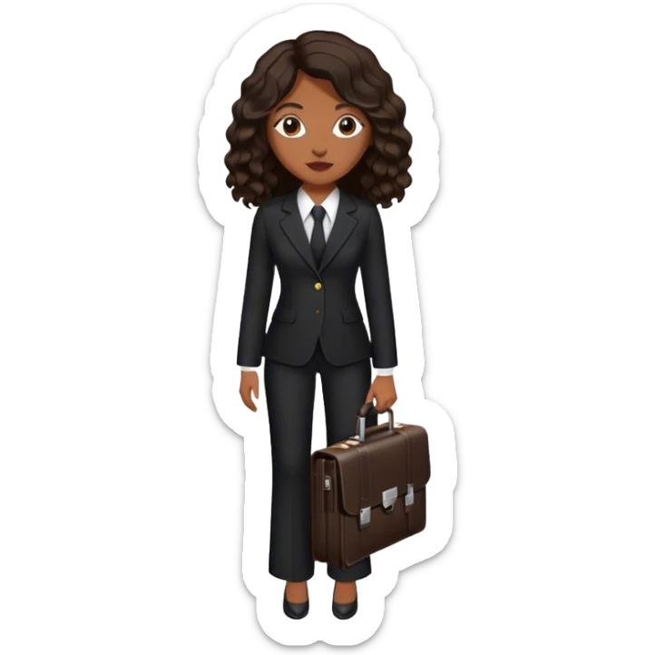 dark brown woman with dark brown mid-length wavy hair in a black pant suit executive with briefcase sticker
