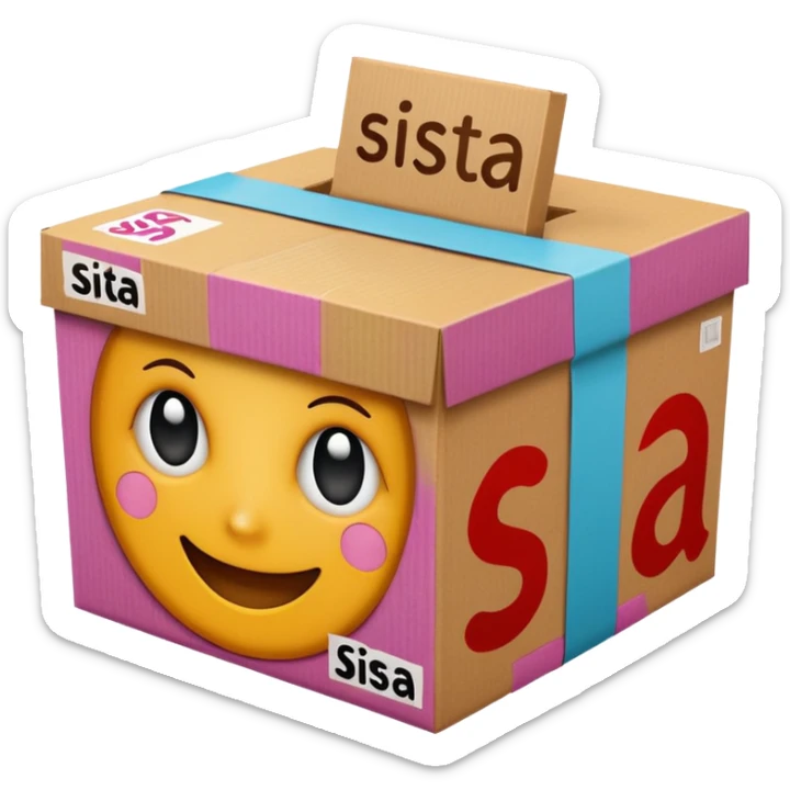 cardboard box with the word SISTA printed on it, clear and legible, simple emoji style sticker