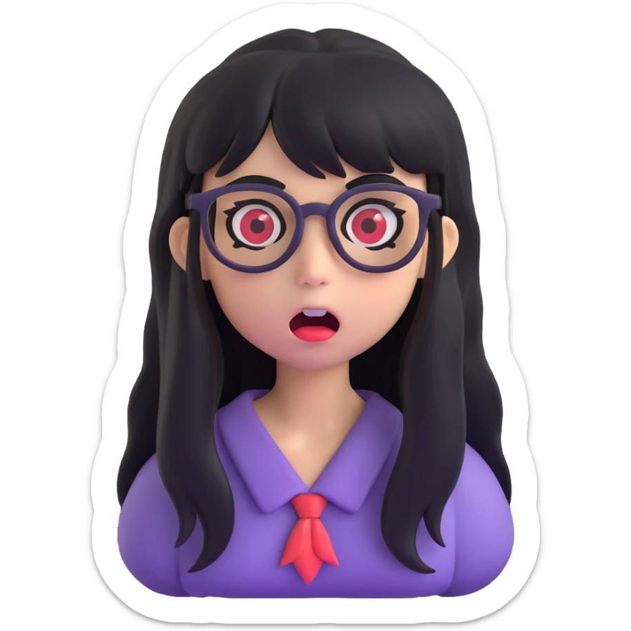 zombie girl with long black hair, bangs, and glasses, 3D emoji style sticker