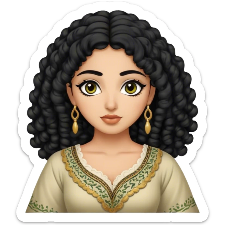 Godly beautiful Palestinian woman , with curly hair and defined eyeliner, and traditional thoob dress sticker