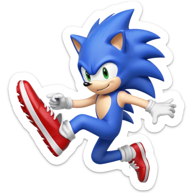 Sonic the Hedgehog running, blue spiky hair, white gloves, red shoes, motion lines sticker