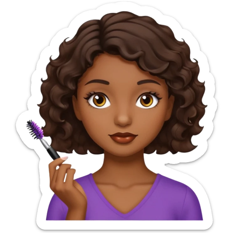 Garota parda de cabelos ondulados castanhos escuros curto aplicando máscara de cílios sticker