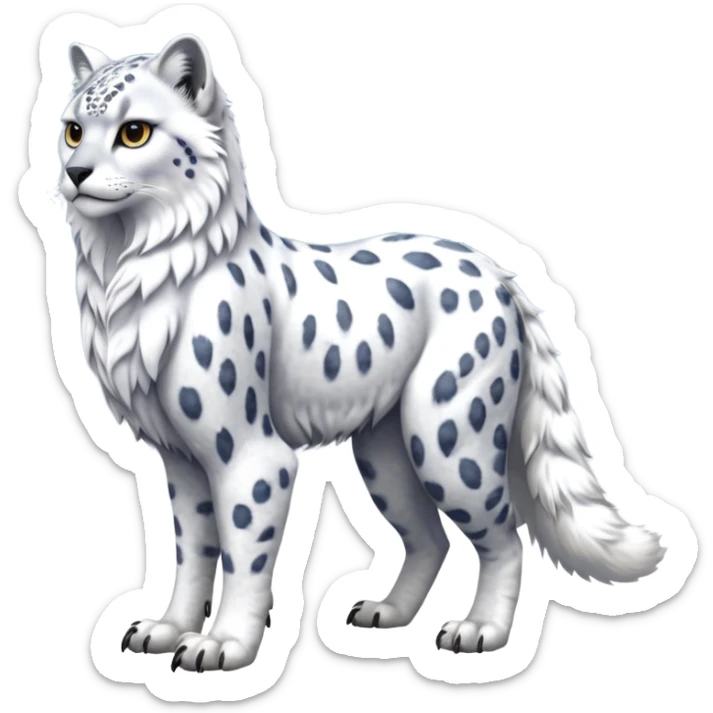 Realistic wild natural elegant pretty beautiful handsome shiny colorful furry 4-legged digitigrade snow-leopard-snowy-owl-arctic-fox-gryphon-griffin-albino-lion-fusion-hybrid-fursona-furry-animal-creature, full body, hyper-realism, long tufted tail sticker