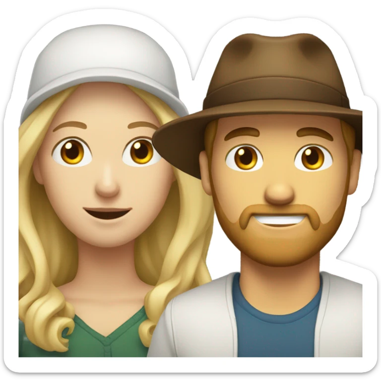 White male  wearing a hat with a beard and brown hair, white female with short blonde hair  sticker