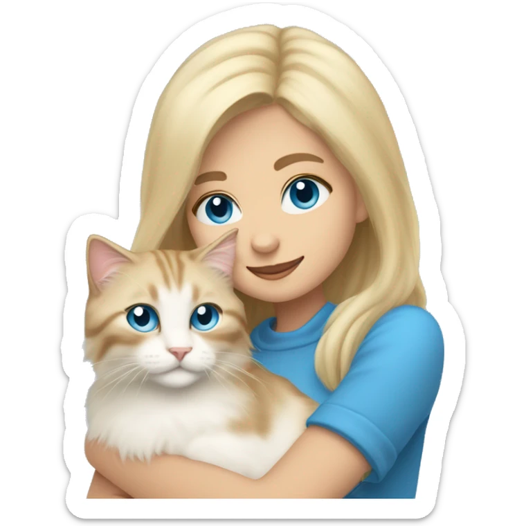 Pretty Blonde haired blue eyed woman snuggling a Siberian cat sticker