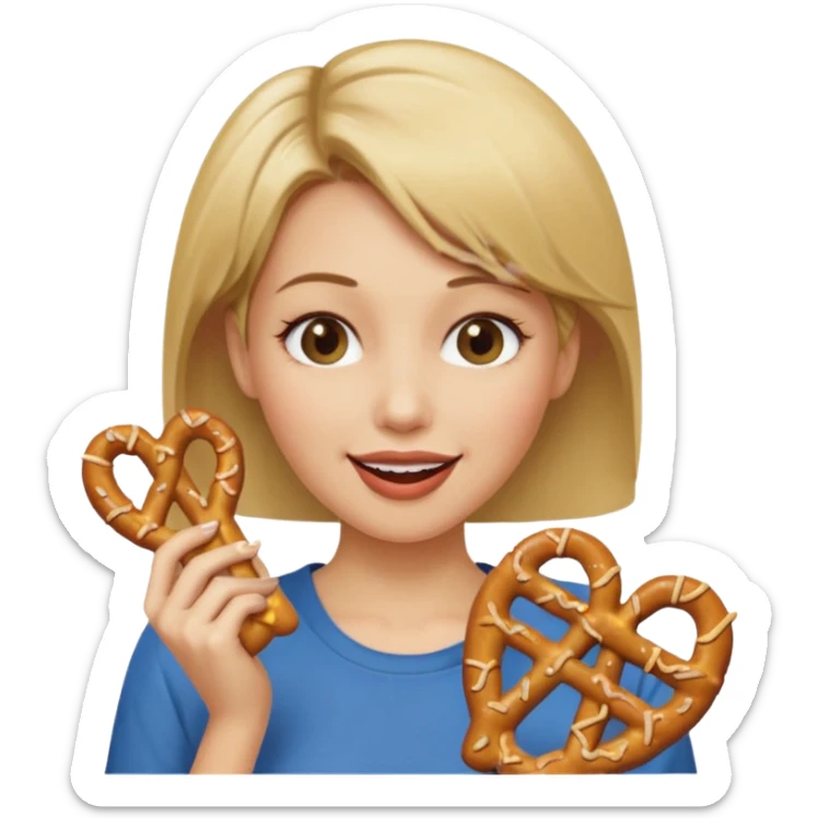 Short, Straight, Dirty blond hair, fair skin, woman winking holding pretzels sticker