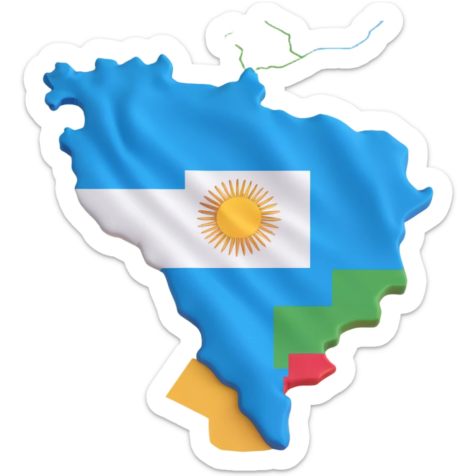 3D style illustration of Argentina's terrain with the Argentina flag overlaid, showing the flag colors vividly and clearly sticker