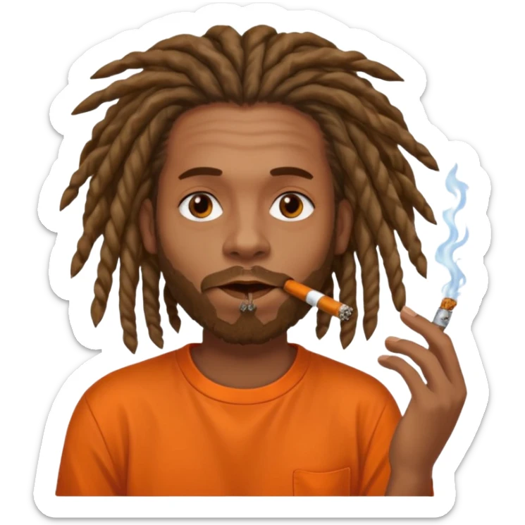 Brownskin man with very long dreadlocks orange shirt smoking weed blunt in mouth sticker