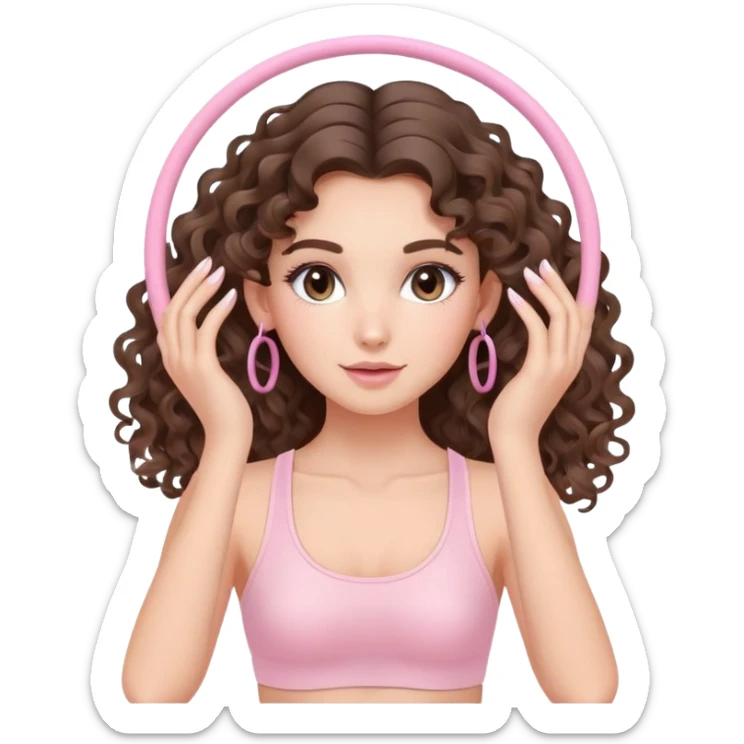 cute balayage brunette long hair curly/wavy haired girl, hoop earrings, clean girl makeup DOING pilates EXERCISE with a cute pastel pink set sticker