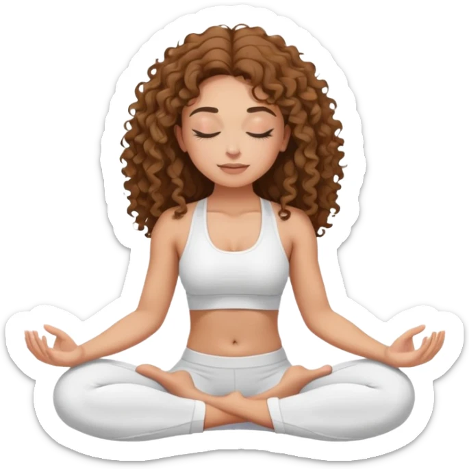 Brunette long curly hair Woman wearing white gym set with eyes closed and long eyelashes doing yoga mediation  sticker