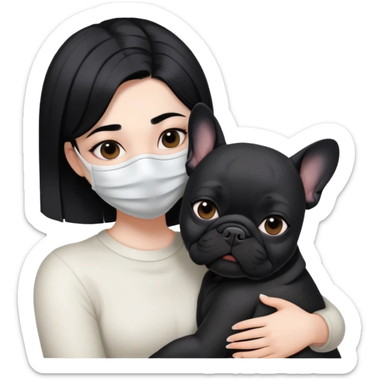 girl with short black straight hair wearing a mask and hugging a black French bulldog sticker
