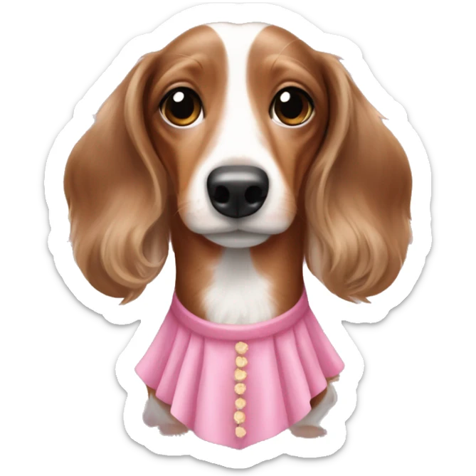 Dachshund dapple brown and white long hair with pink dress sticker