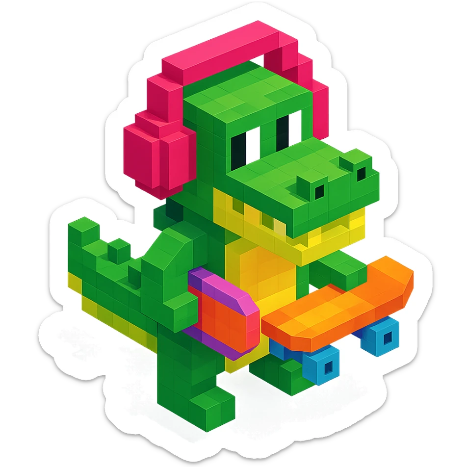 crocodile with headphones holding a skateboard, isometric view, voxel style sticker