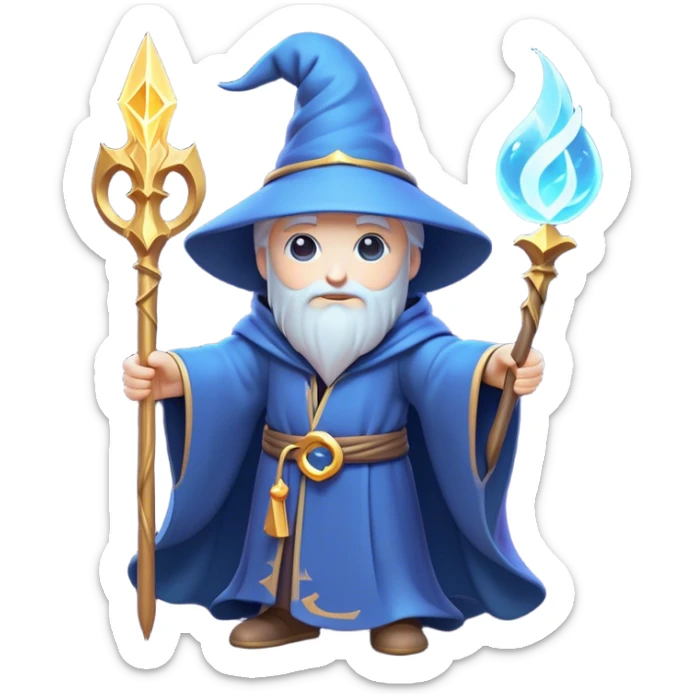 Clash of Clans aesthetic: Cinematic Playful Wizard Hero Emoji, rendered in a 3D vector-style similar to standard emojis with minimal shading and bold, simplified shapes. A compact, isometric figure draped in flowing enchanted robes and wielding a mystical staff, softly glowing with an arcane magical charm. Simplified yet unmistakably iconic, highly detailed and consistent, glowing with a soft radiant glow and high shine. Stylized with a touch of whimsical sorcery and a soft glowing outline, capturing the essence of a powerful wizard ready to cast spells with a friendly, playful spirit! sticker