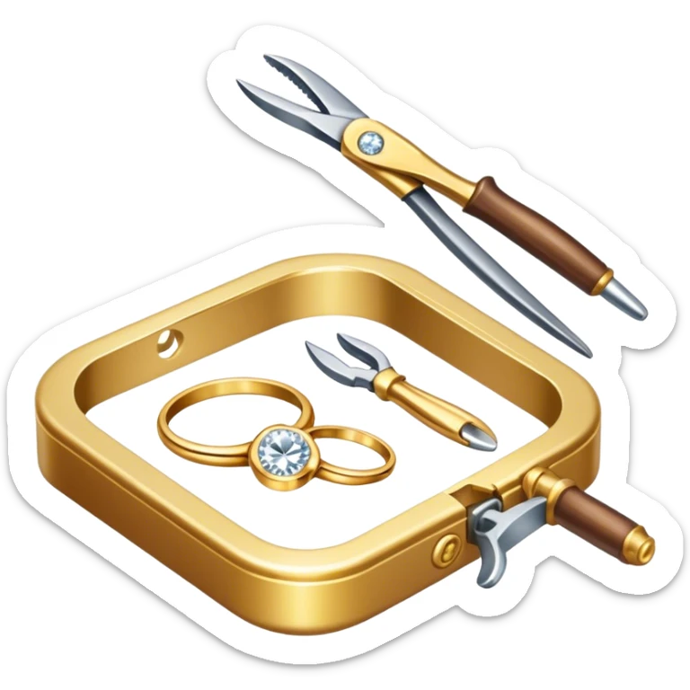 Create a bright and detailed icon representing jewelry art and the craft of making jewelry. The design should feature elements like a sparkling diamond, a gold ring, a jeweler’s tools (such as pliers and a workbench), and some delicate detailing that conveys craftsmanship and luxury. The icon should be clean, vibrant, and visually striking, with a balance of sophistication and creativity. sticker