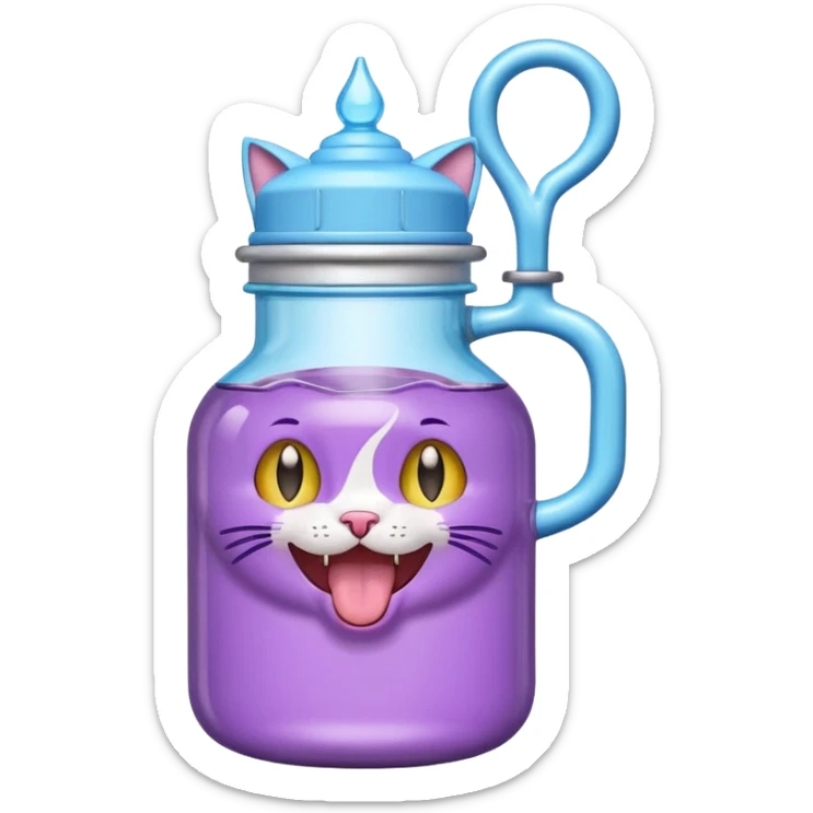 Smiling bottle of oil light purple top and light blue sticking tongue out and with cat ears sticker