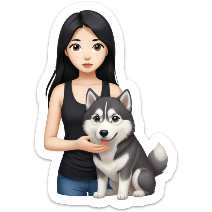  asiatic girl in the black tank top with long black  hair and a husky sticker