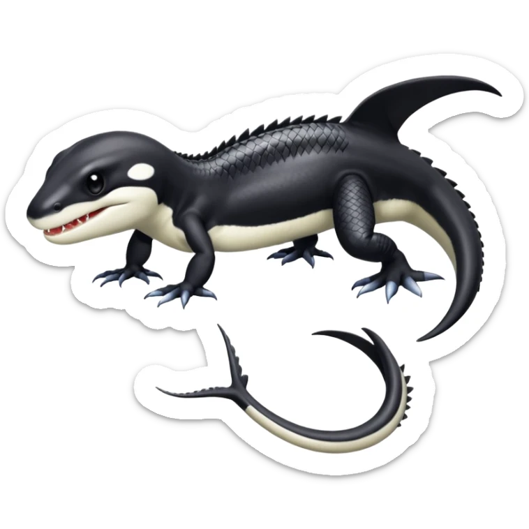 Black and white Orca-reptile-reptilian-lizard-skink-gecko-Digimon-Fakémon-hybrid full body, two legs, two arms, claws, tail sticker