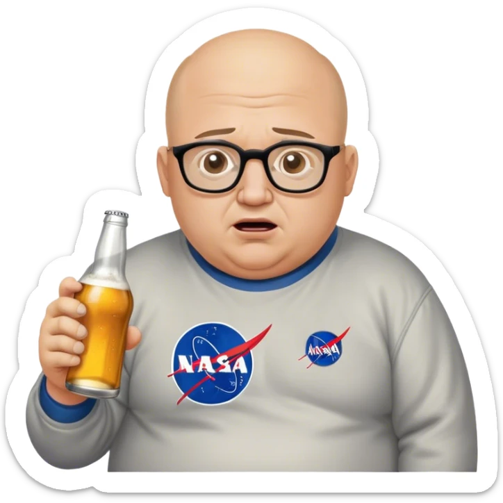  chubby weepy salesperson, beer bottle, complaining, not much hair, nasa sweatshirt, with glasses, 40 years old sticker