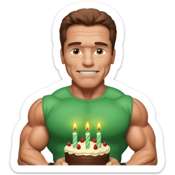Arnold Schwarzenegger saying happy birthday . Birthday in a green color with big font . Arnold with his muscles sticker