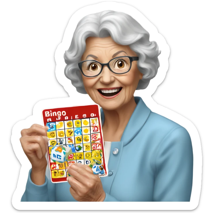 Create a 3d hyper realistic photo of a senior woman holding a bingo card sticker