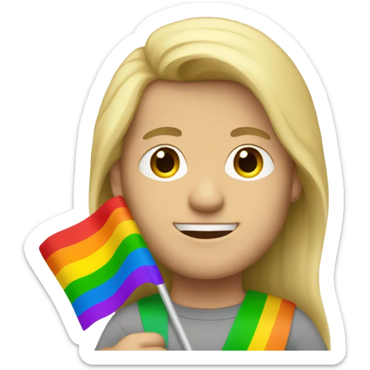 caucasian man with straight long blonde hair holding rainbow flag sticker