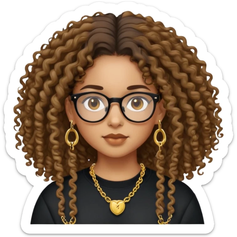 Mixed girl /curly long hair brown / with black eyes glasses black sweat shirt middle part little gold earring and gold chain  sticker