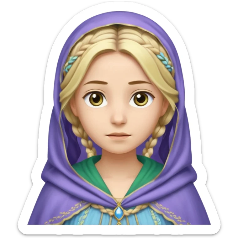 
mujer, Joven, de aspecto dulce y elegante.
Piel clara, ojos grandes y expresivos (pueden ser azules o verdes), sonrisa triste.
Rubio o castaño claro, largo, con trenzas o velo.
Vestido largo de tonos suaves (blanco, azul o lavanda), con bordados dorados; un manto o toca fina cubriendo la cabeza.
 sticker